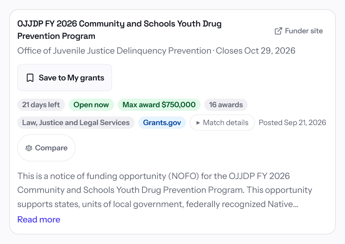 GrantCue Discover: a grant listing with its closing date, award amount and a Save to My grants button