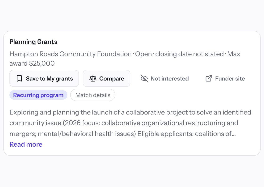 GrantCue Discover: a grant listing with its closing date, award amount and a Save to My grants button