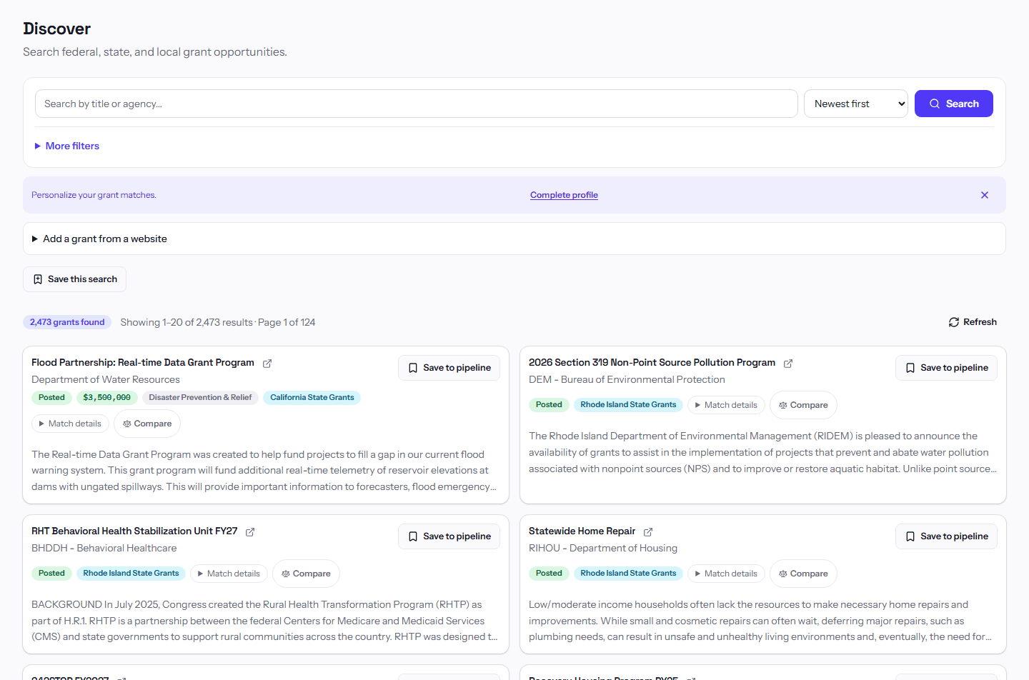 GrantCue Discover showing example grant search results and filters