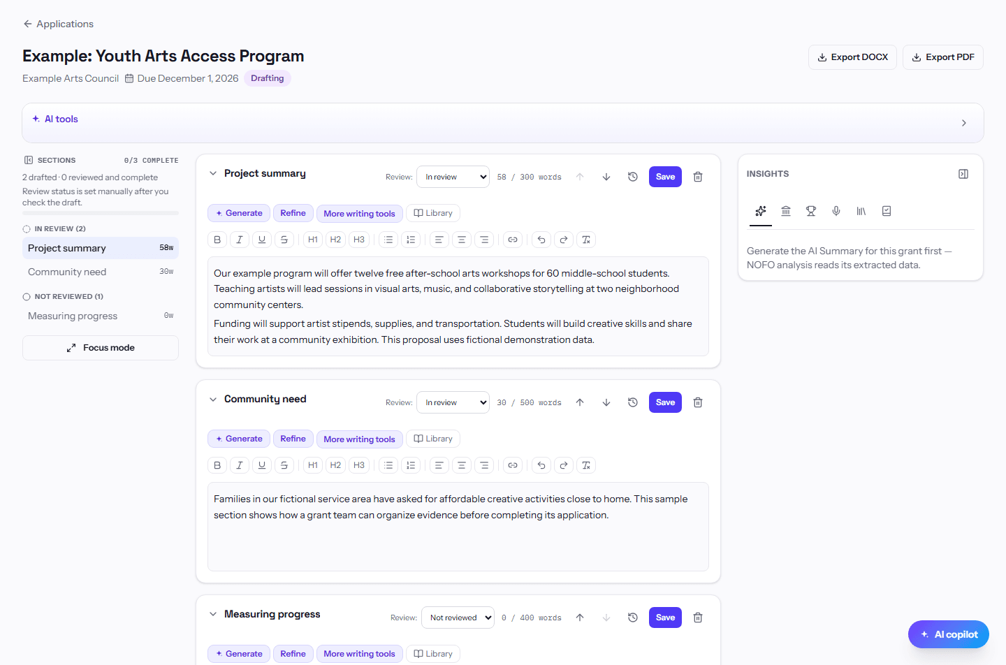 GrantCue proposal editor with a section list, an AI tools bar and draft text for a project summary, with export to Word and PDF