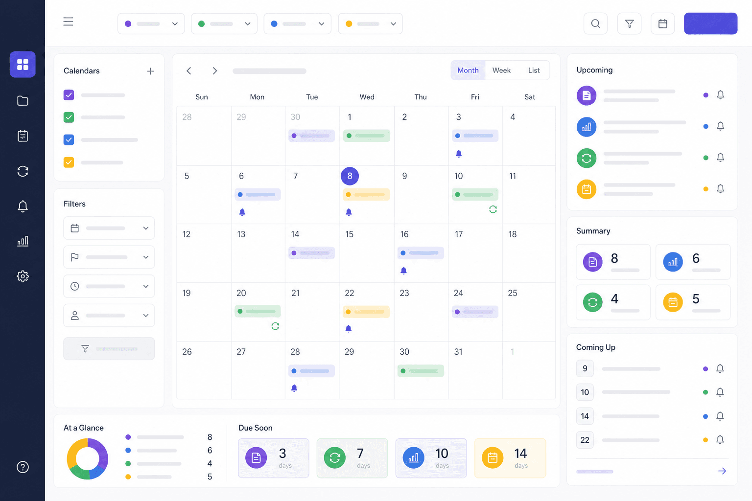 Grant calendar showing application deadlines, reports, and renewal dates