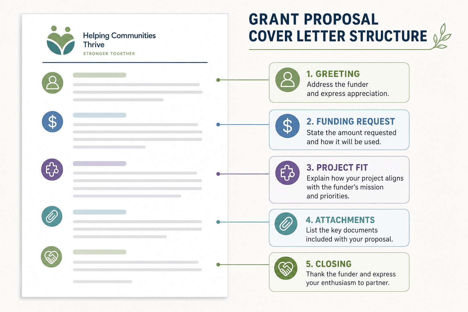 Grant proposal cover letter structure with greeting, request, fit, and closing
