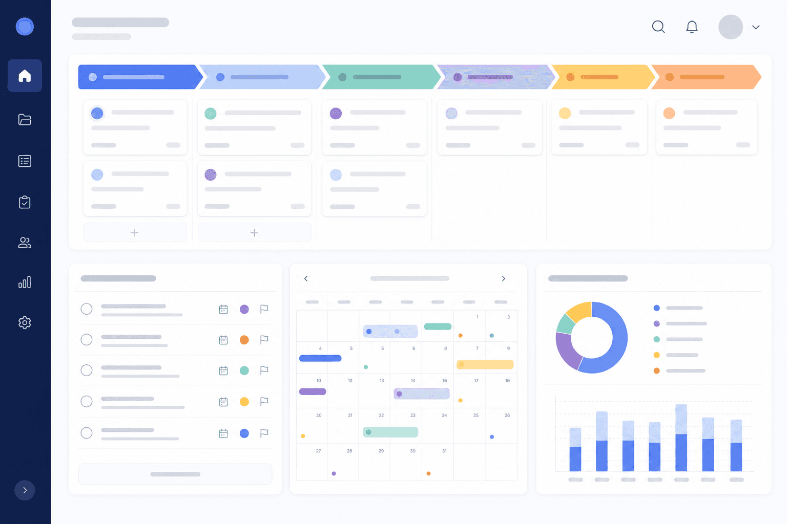 Grant management process dashboard with pipeline, tasks, calendar, and reports