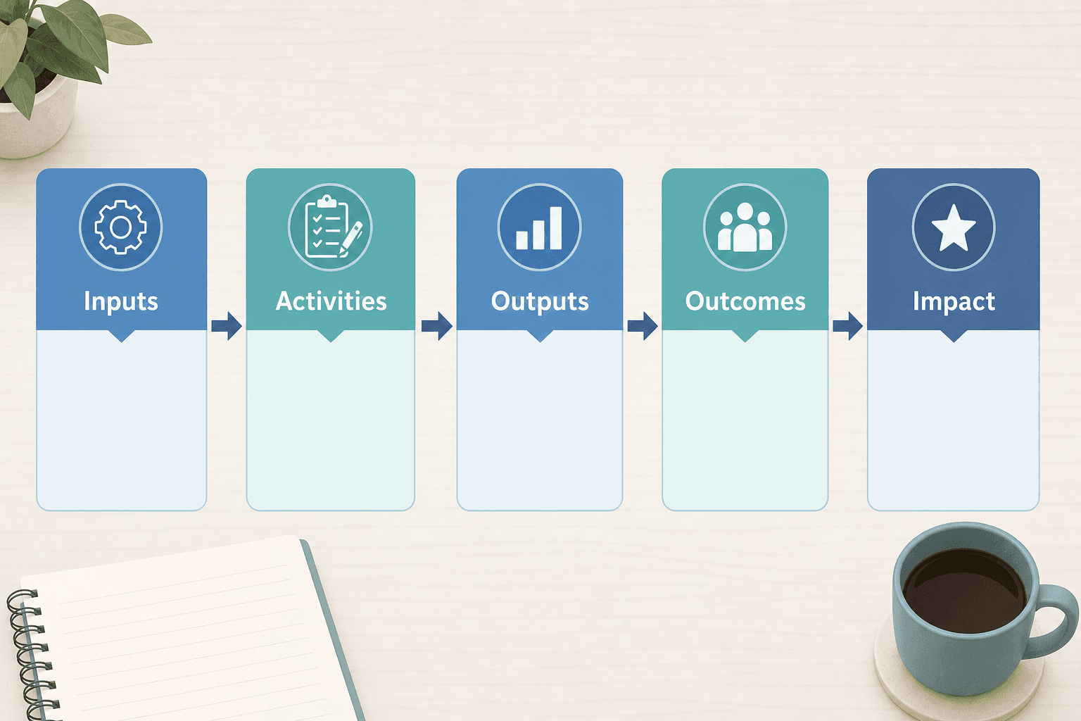Five-column logic model template flowing from inputs to impact