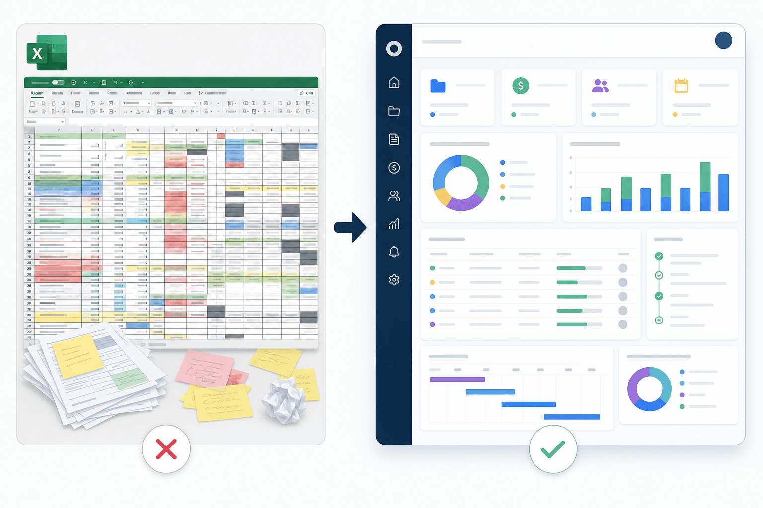 Grant tracking spreadsheet compared with grant management software dashboard