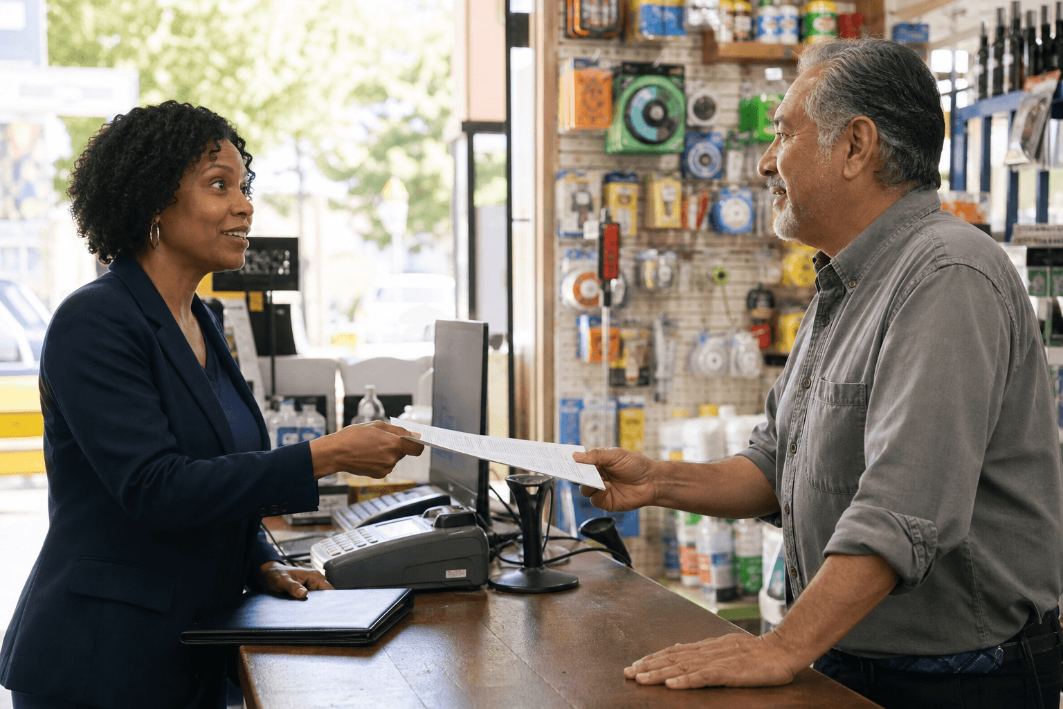 Nonprofit staff member presenting a short donation request to a local business owner