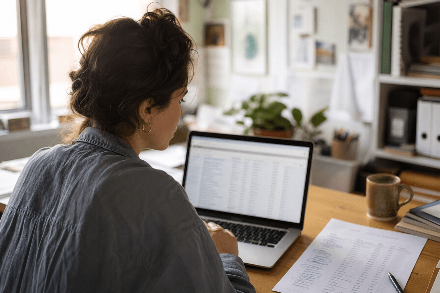 Development researcher at a laptop comparing a printed list of foundation names against a directory of grantmaker profiles on screen