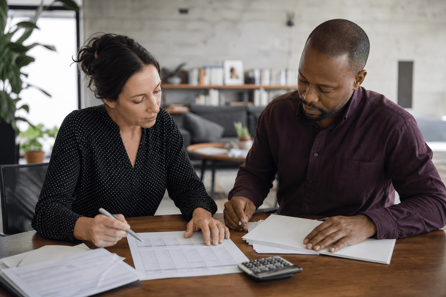 Program lead and finance manager checking budget calculations against a narrative draft