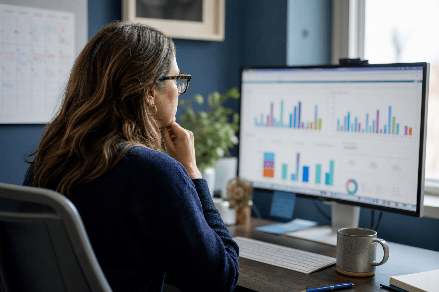 Grant manager at a desk reviewing an open-grant funding report on a monitor beside a printed deadline calendar