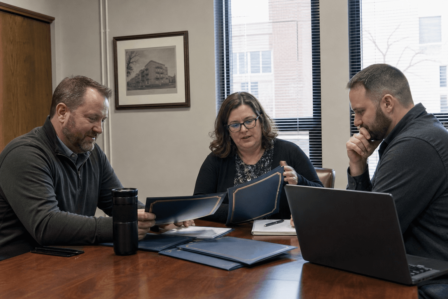 Municipal staff reviewing grant award records in a small government office