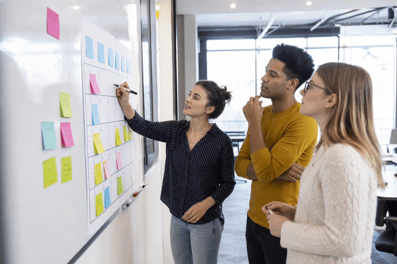 Grant team planning a proposal writing schedule backward from the deadline
