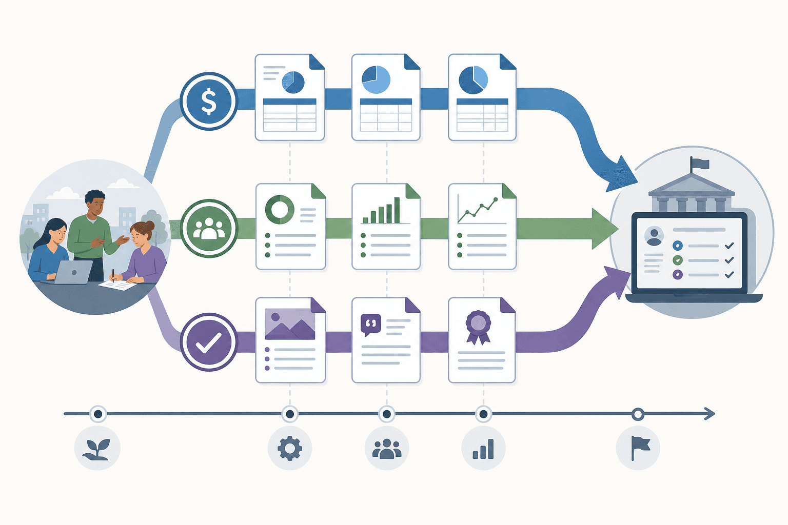 Grant reporting requirements shown as financial, performance, and final reports on a timeline