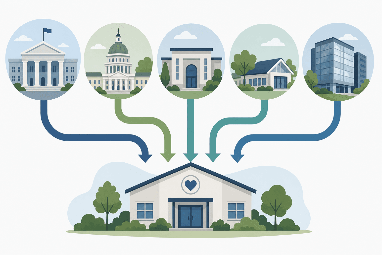 Five sources of nonprofit grant funding shown as separate search paths