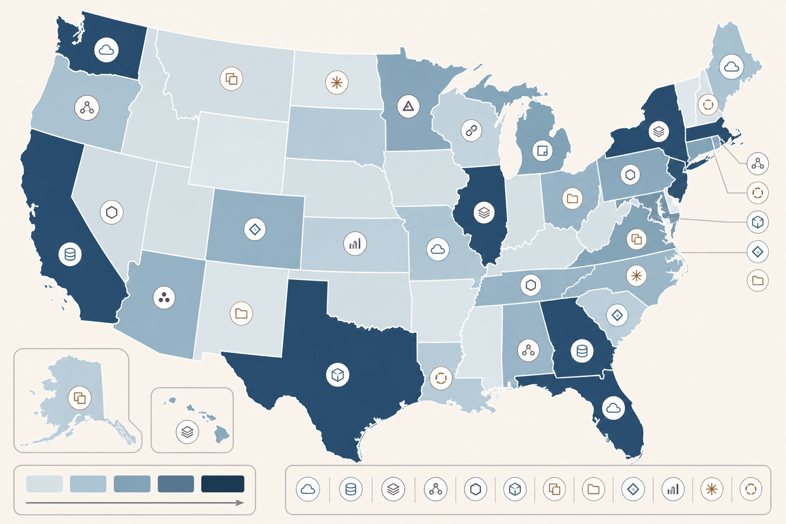 Map showing grant opportunity counts spread unevenly across state portals