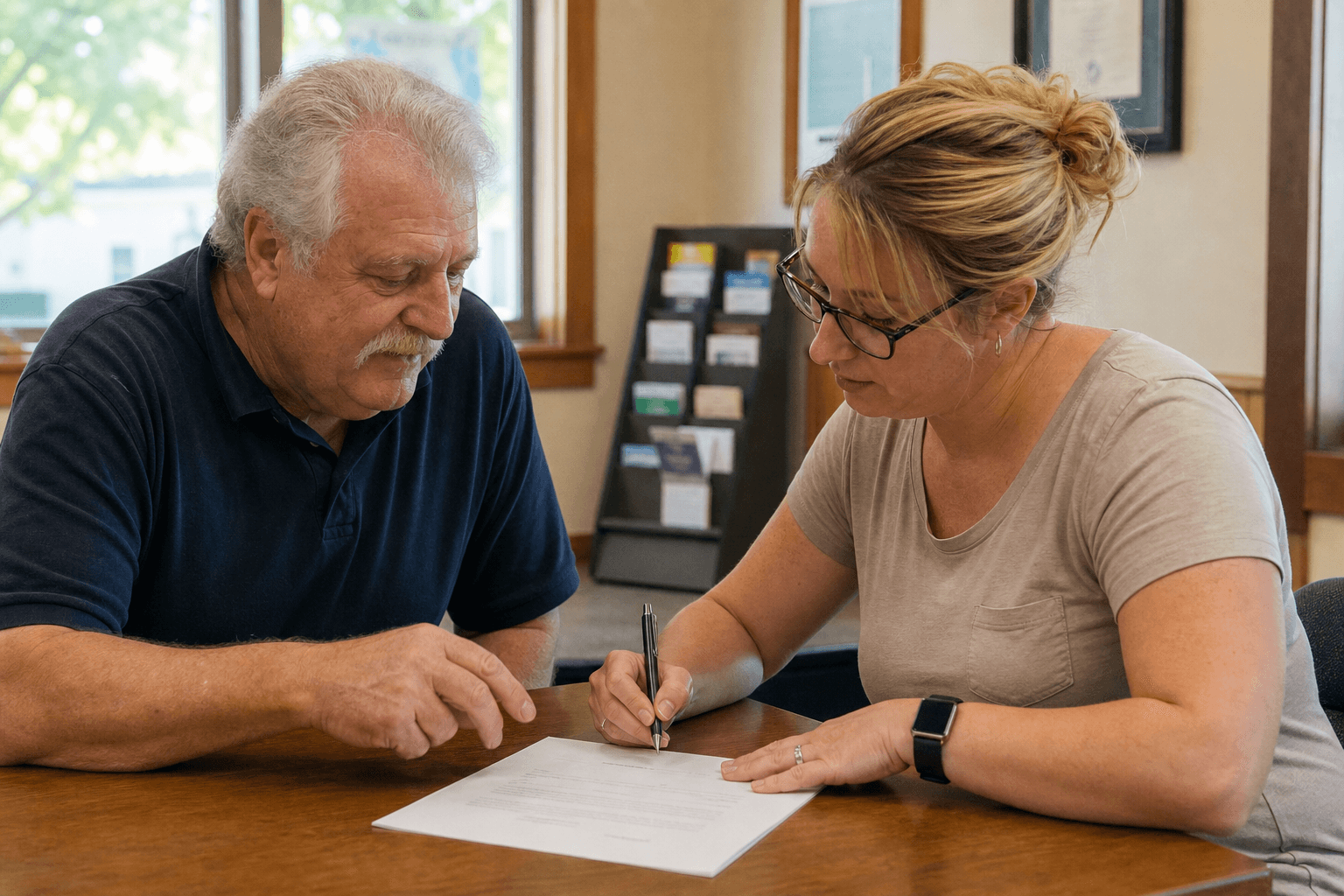 Nonprofit program director reviewing a printed partner letter with a partner agency manager