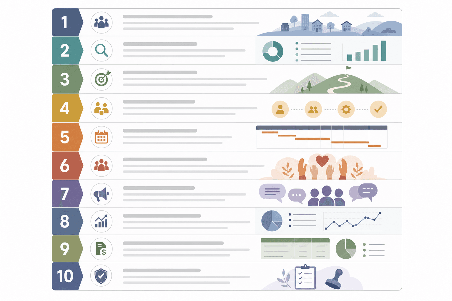 The ten sections of a nonprofit project proposal shown as a stacked document outline