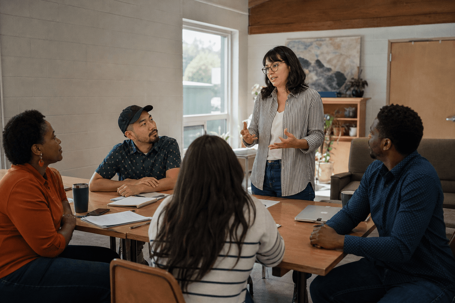 Nonprofit team meeting where a program manager presents a project plan to board members