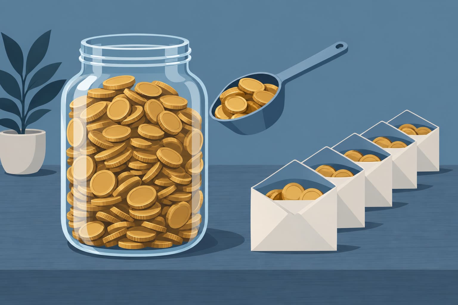 A glass jar of coins with a measuring scoop pouring a small portion into a row of envelopes