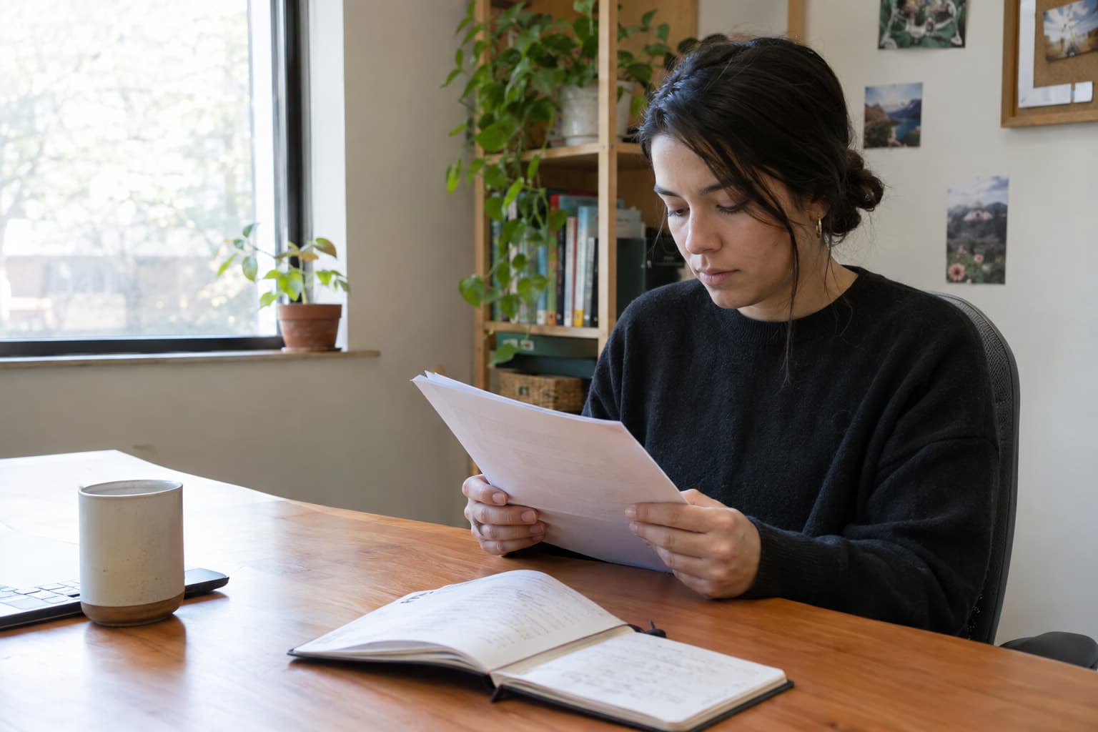 A person at a wooden desk reading a printed document beside an open notebook