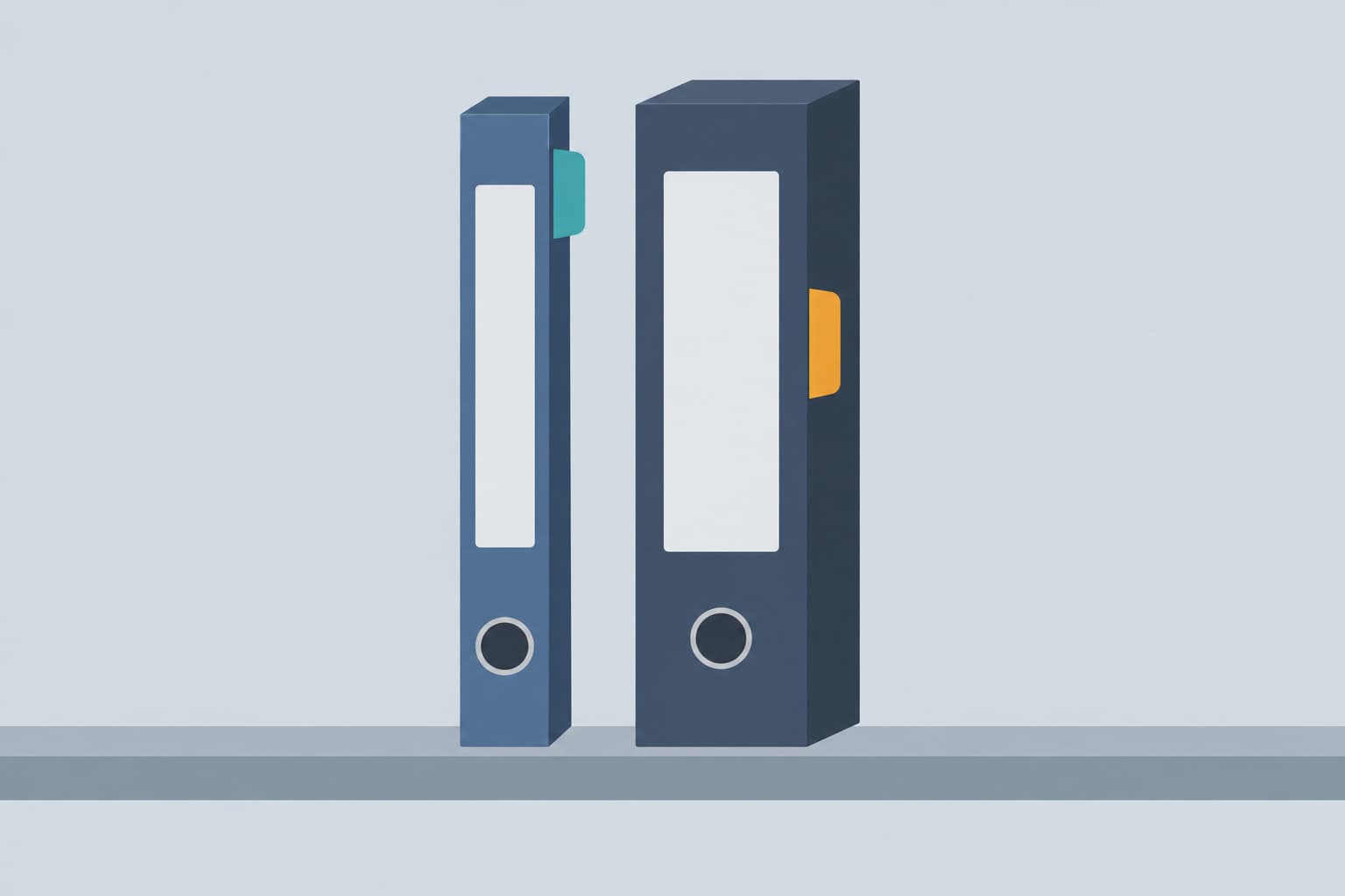 Two binders on a shelf, one slim and one thick, each with a single colored tab at a different depth