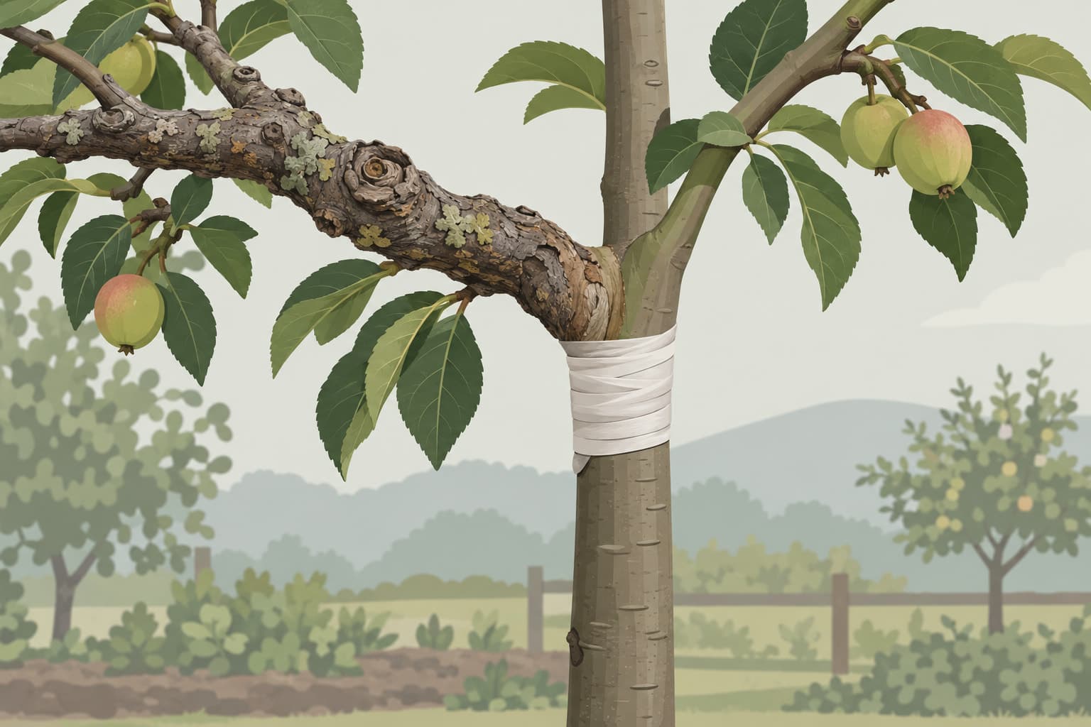 An older fruit tree branch grafted onto a sturdy young trunk with a neat wrap of grafting tape