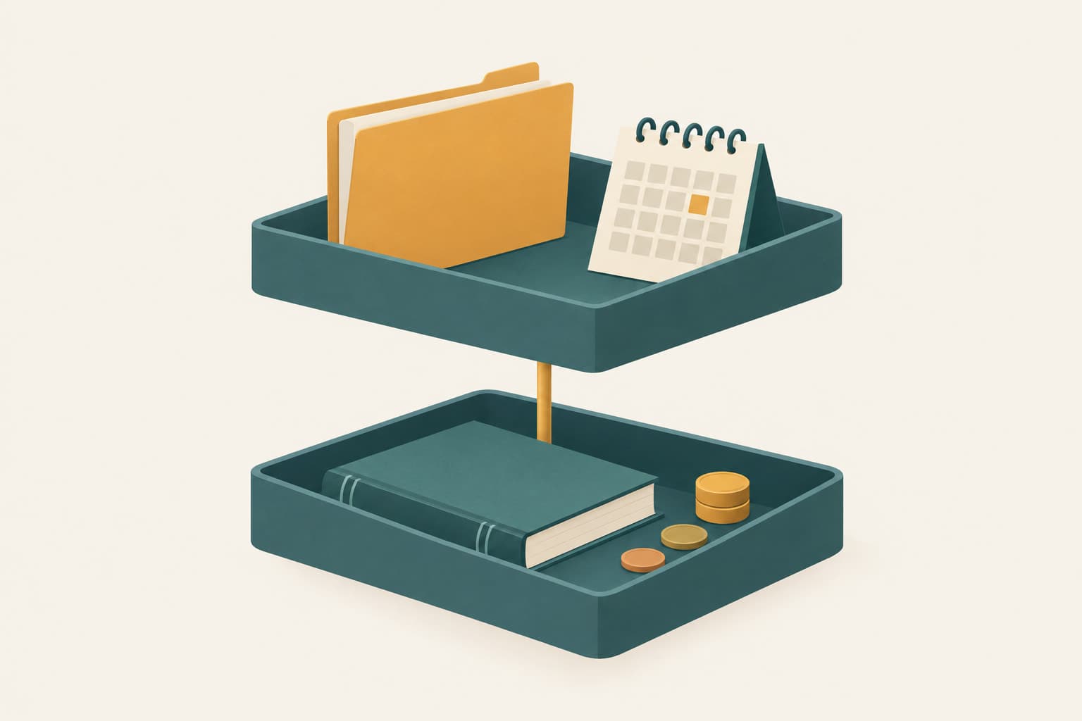 Two stacked trays joined by a thin connector, one holding a folder and calendar, the other a ledger and coins