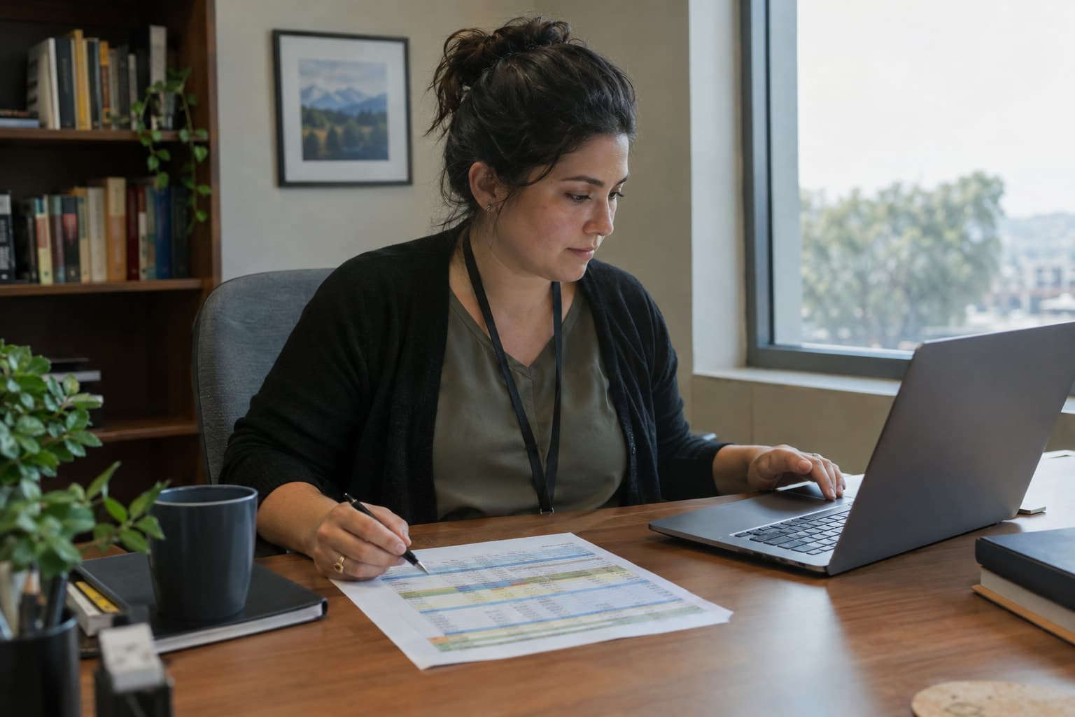 A person at a desk with a printed spreadsheet and a laptop by a window