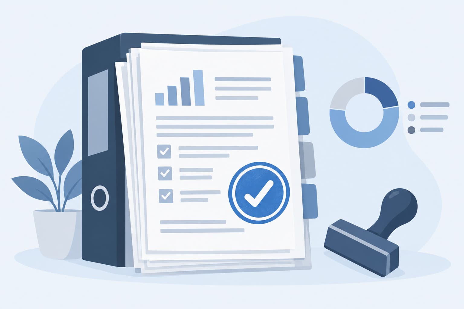 A stack of documents with a check-mark stamp and a small donut chart