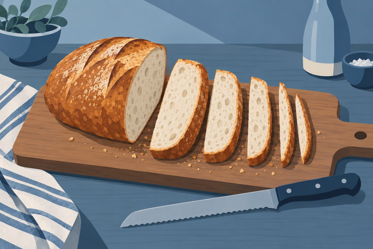 A loaf of bread on a cutting board cut into slices of different widths