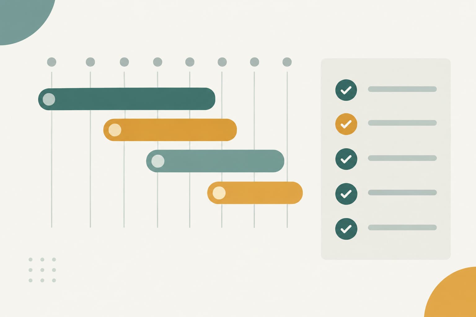 Overlapping horizontal timeline bars beside a checklist