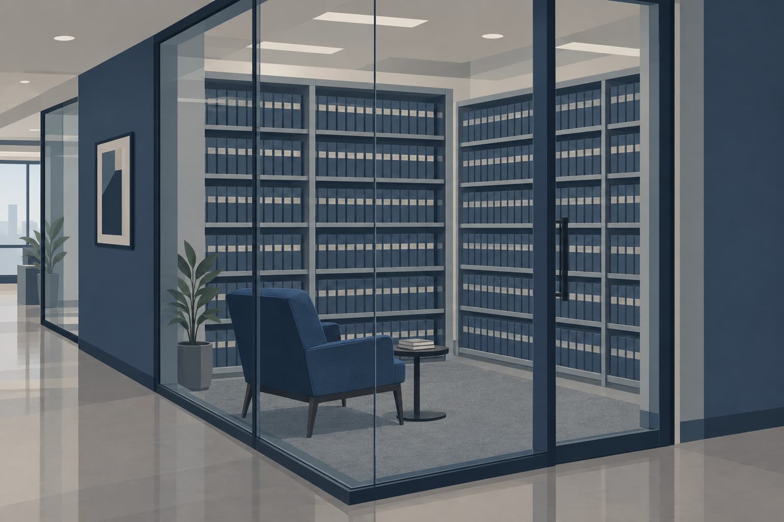 A glass-walled records room seen from outside, with shelves of bound volumes visible through the glass