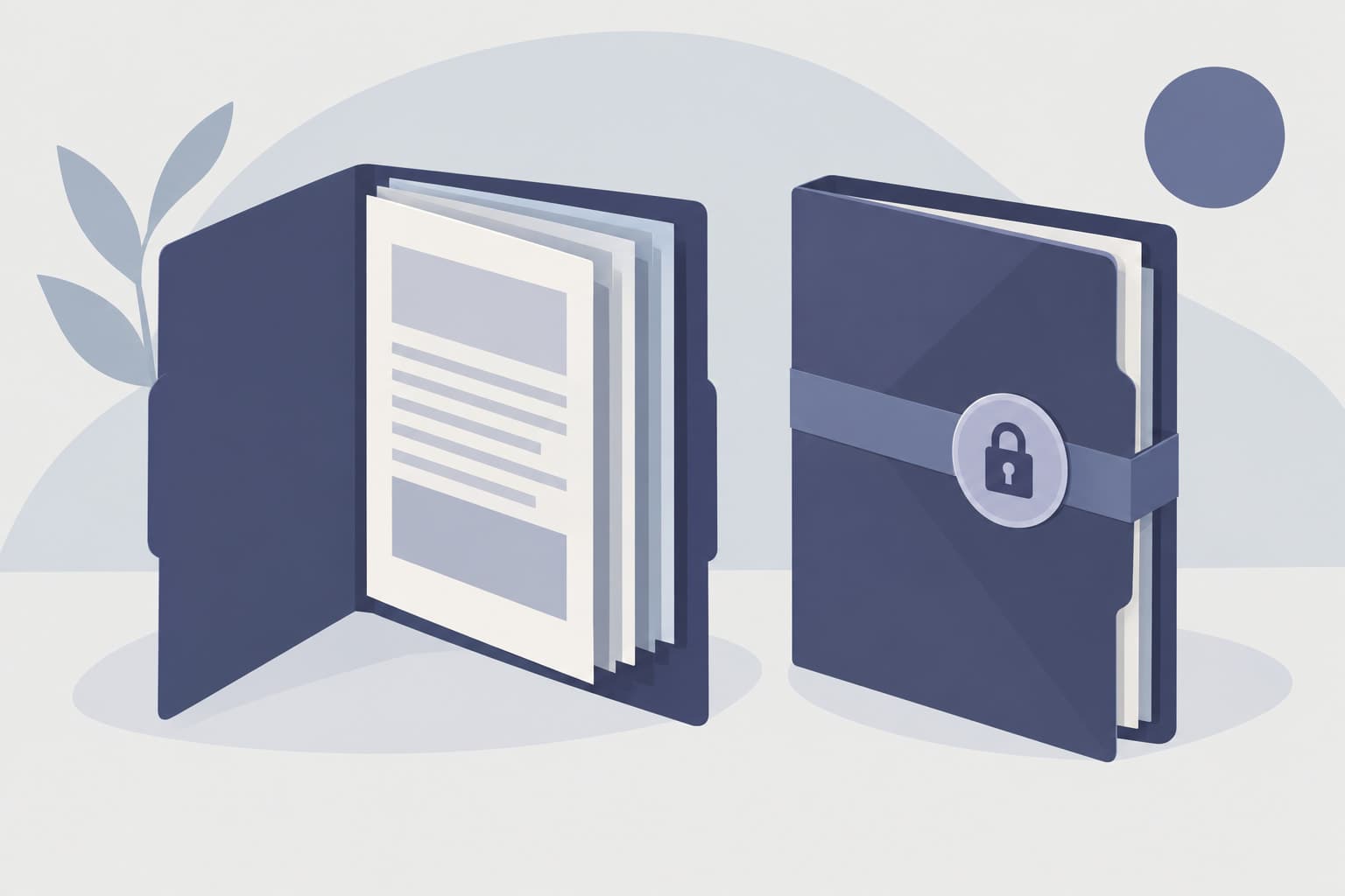 Two folders side by side, one open with visible pages and one partly closed under a seal