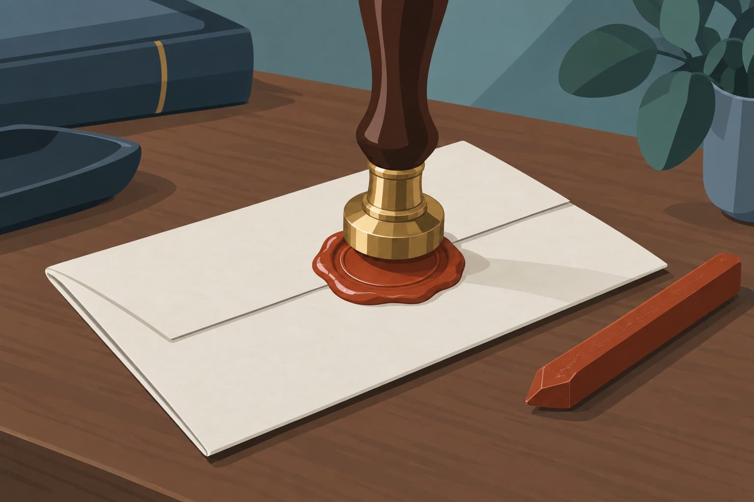 A brass stamp pressing a wax seal onto a folded document
