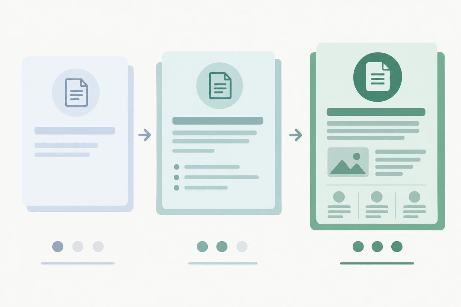 Three stacked document cards of increasing detail