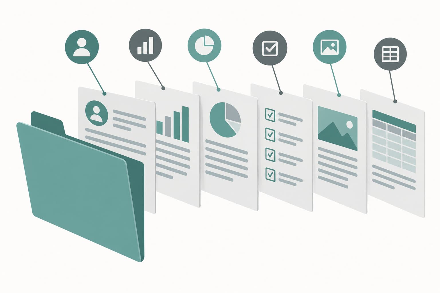 A folder with six sheets fanning out behind it, each linked to a small icon