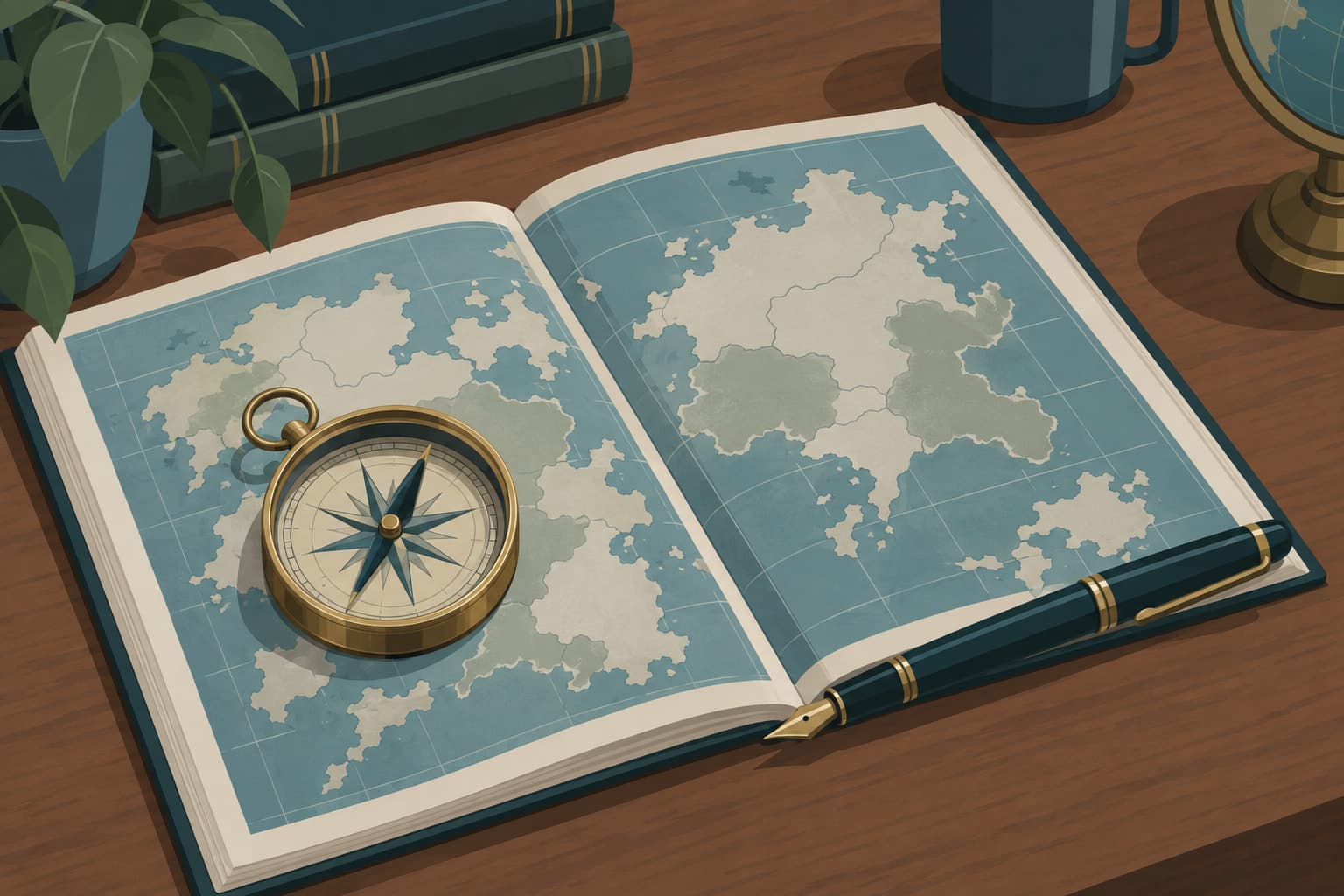 A brass compass resting on an open atlas beside a fountain pen