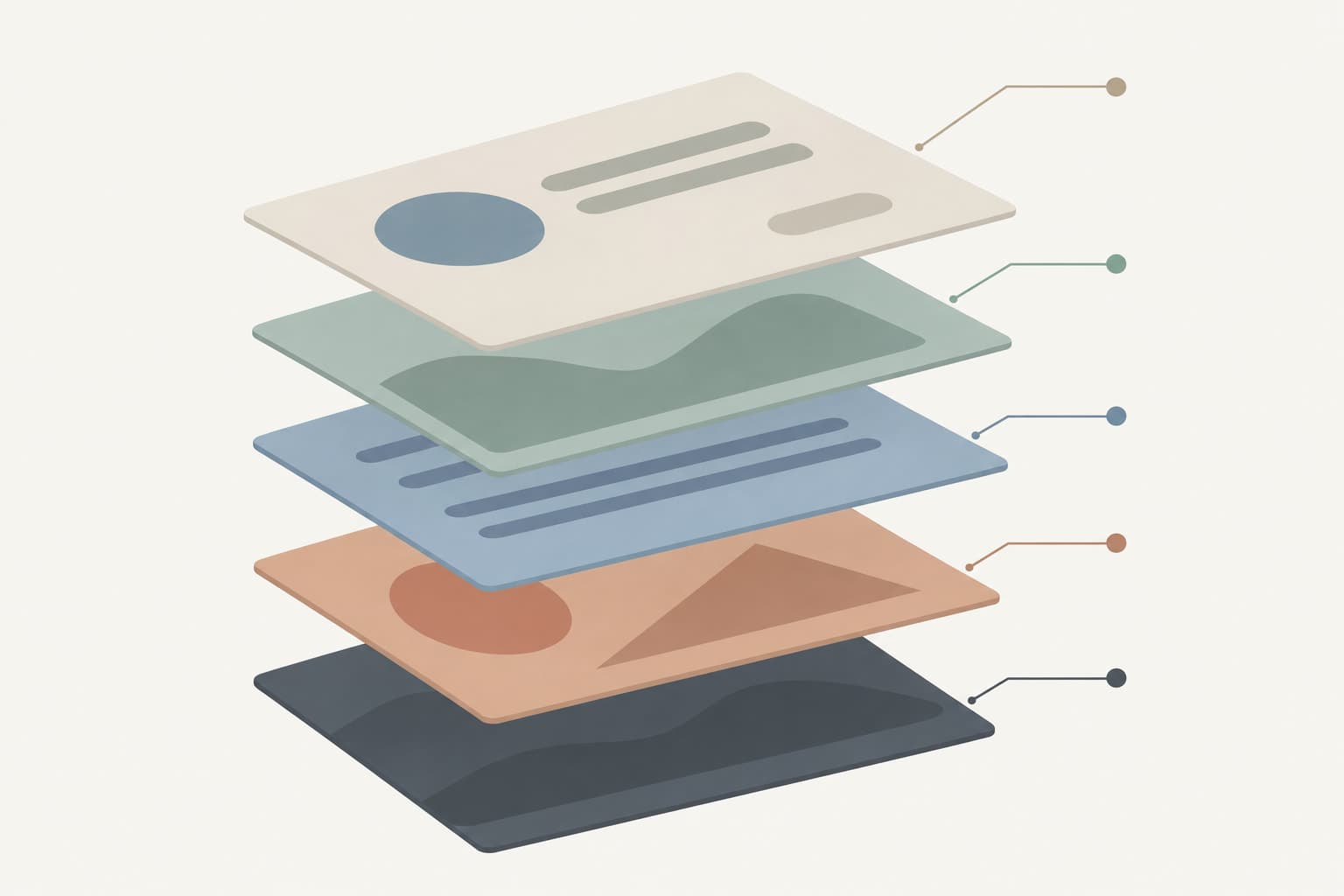 A document card split into stacked horizontal layers joined by thin leader lines