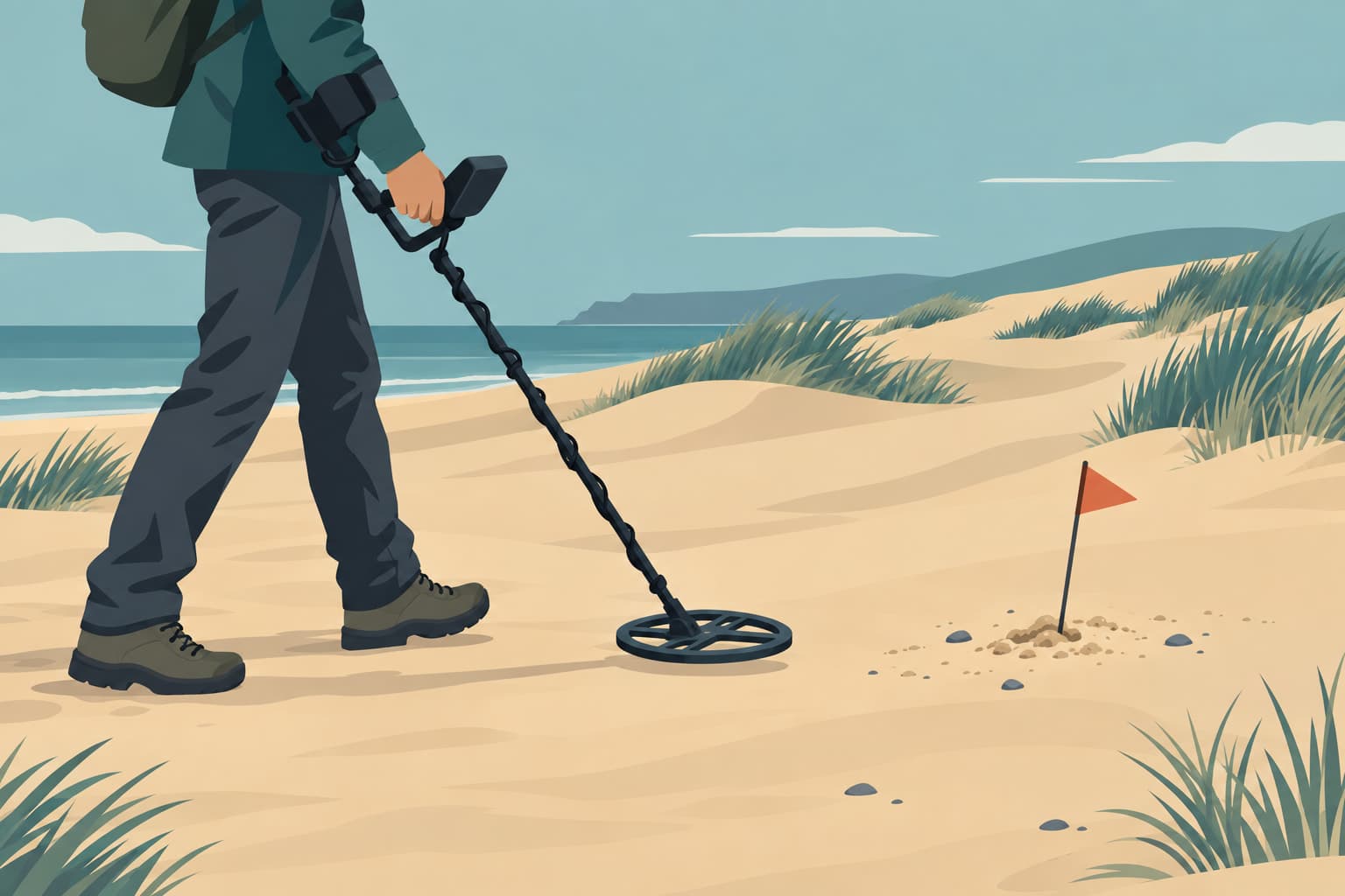 A metal detector sweeping over sand, with a small flag planted where it found something