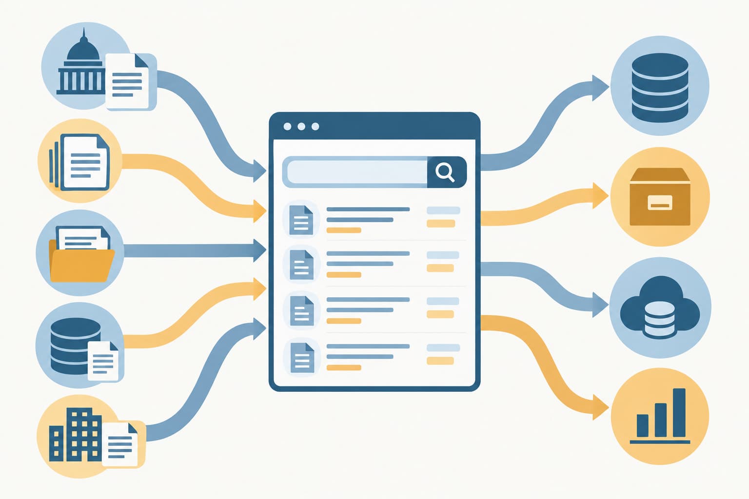 Document icons flowing into a central search panel