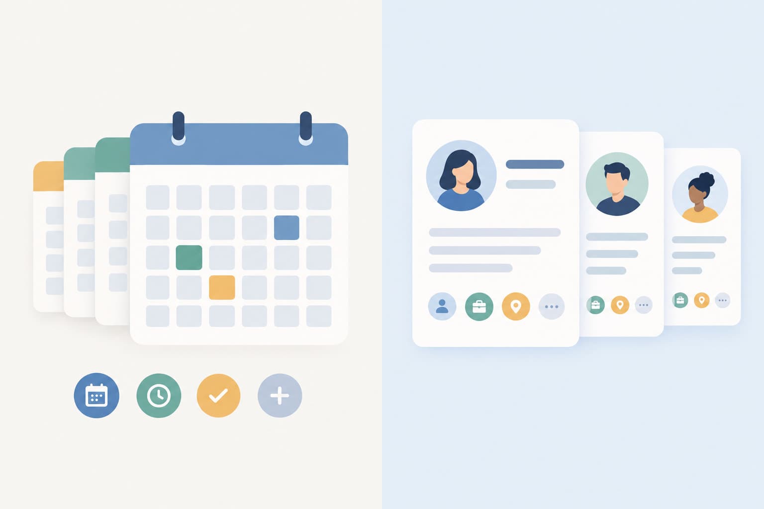 A split panel with calendar-style cards on one side and profile-style cards on the other