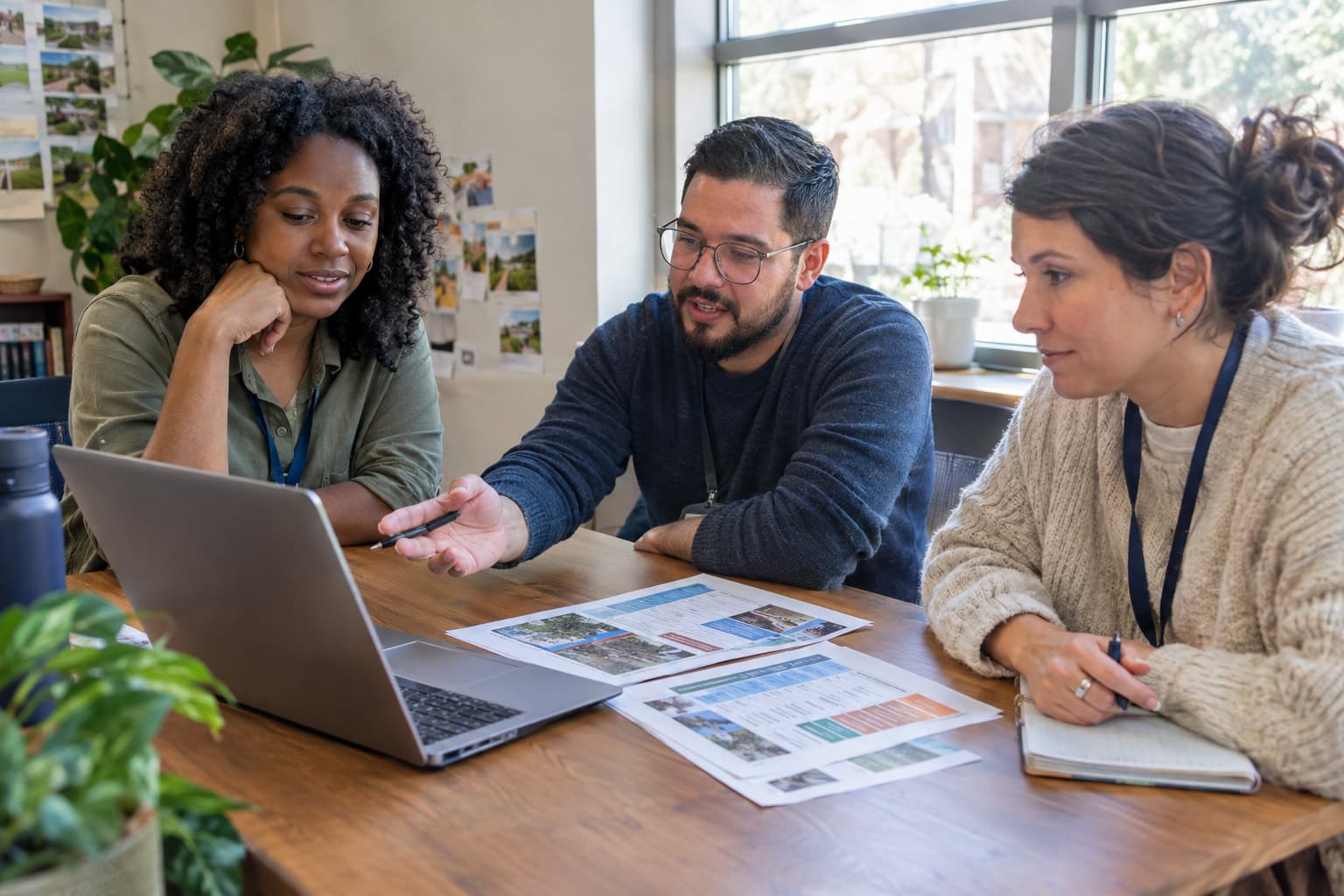 Three staff members around a table with a laptop and printed sheets