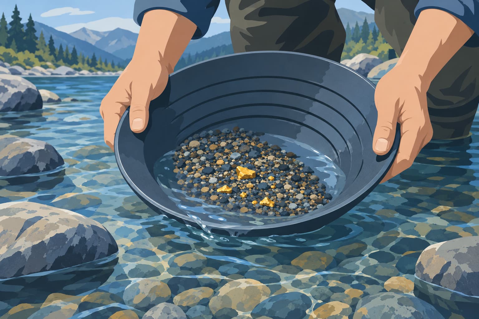 A prospector's pan holding a few bright nuggets above a shallow stream bed