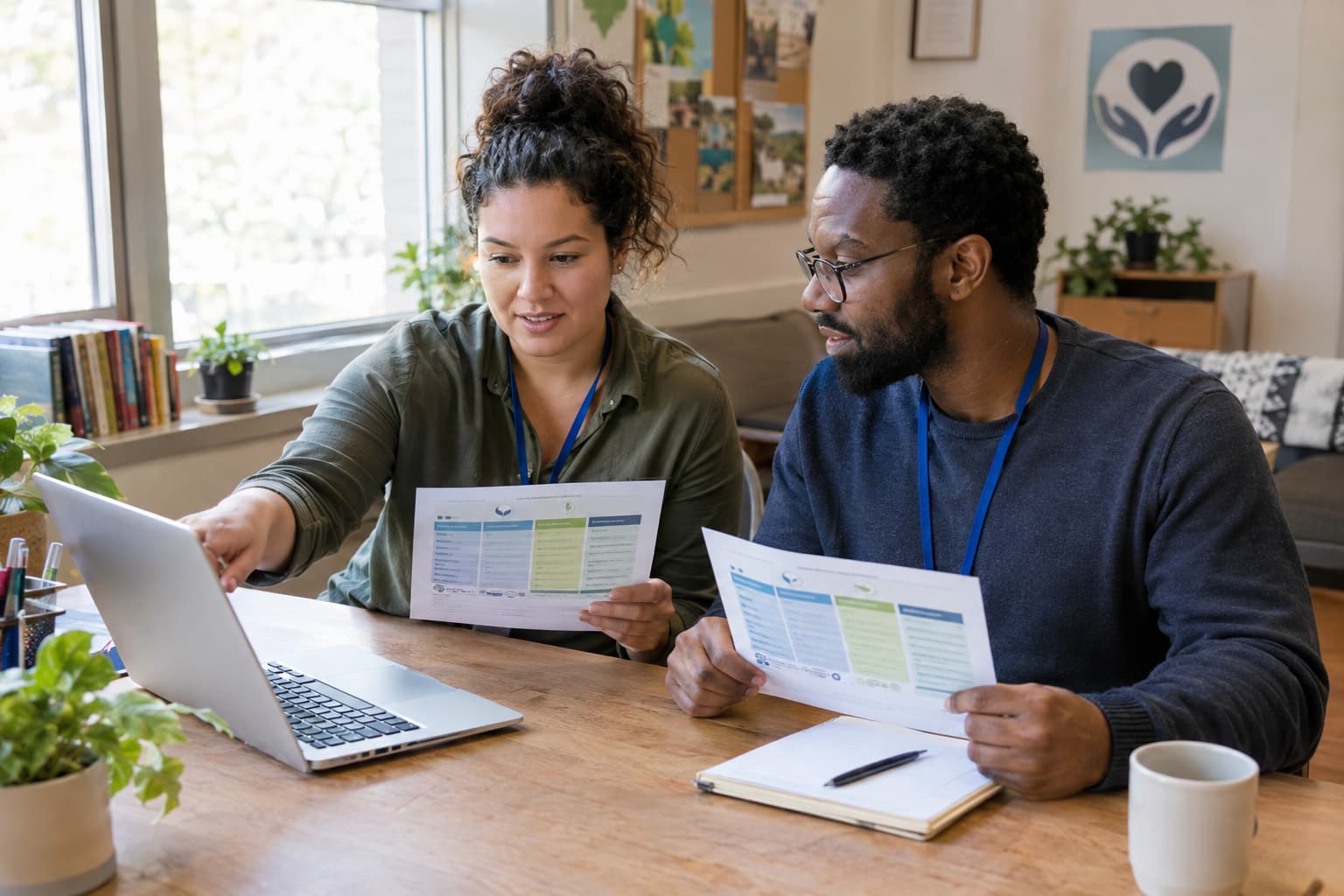 Two staff members at a shared desk pointing at a laptop while holding printed sheets