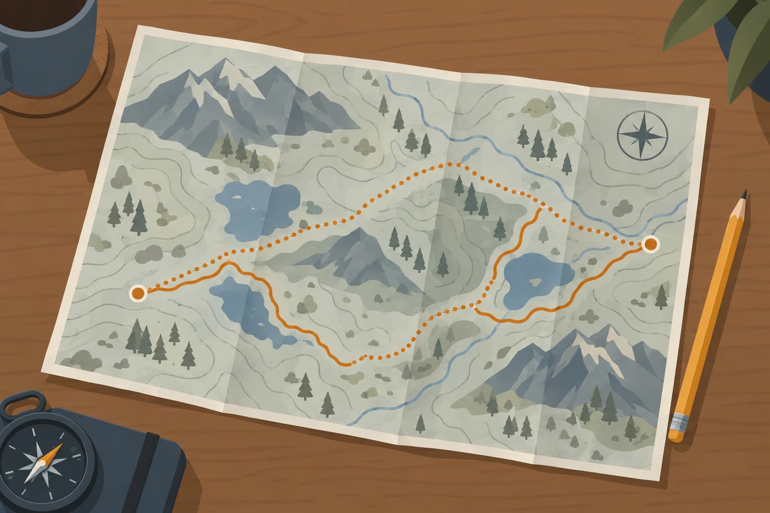A trail map with a dotted planned route and a solid walked route that drifts apart and rejoins