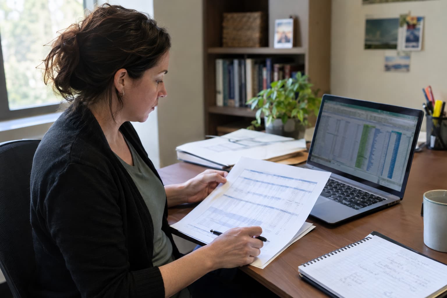 A person at a desk comparing a printed report with a laptop spreadsheet