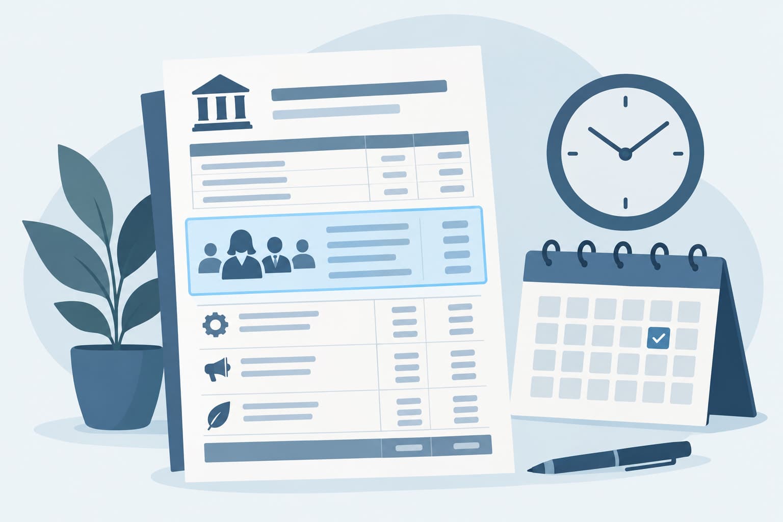 A budget document with one highlighted section beside a small clock and calendar