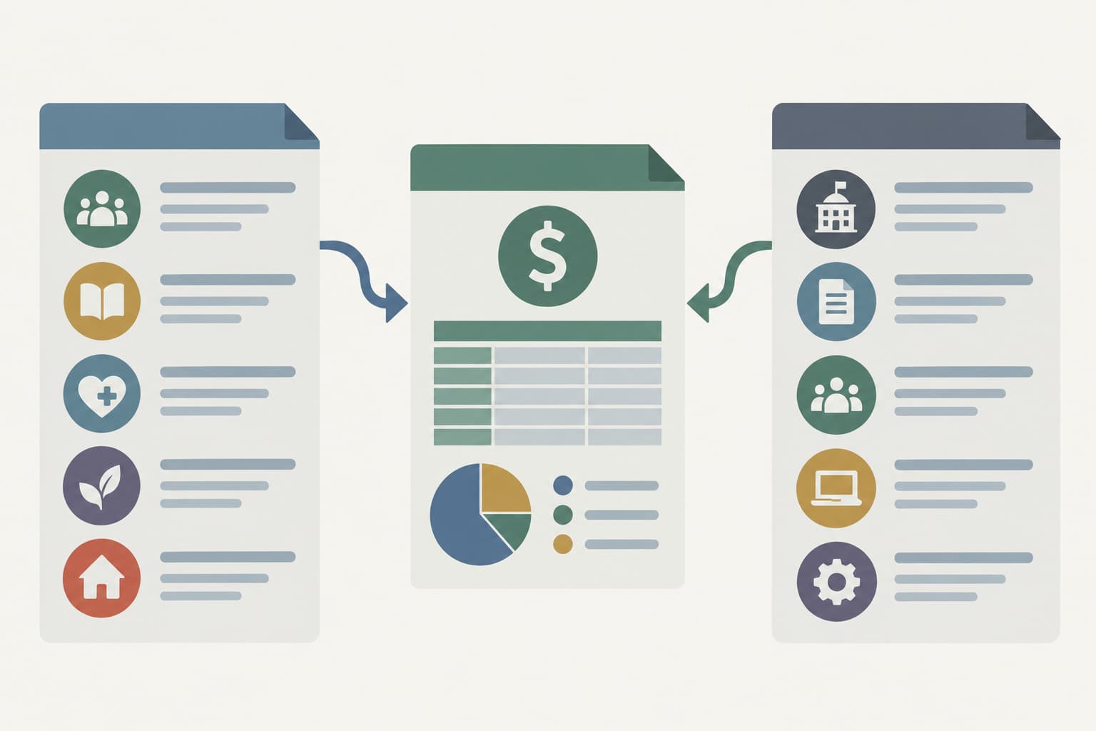 Two document columns linked by arrows to a central sheet, one with program icons and one with office icons