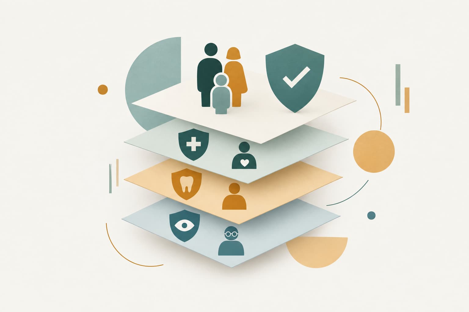 Stacked paper layers with small people icons and shield shapes