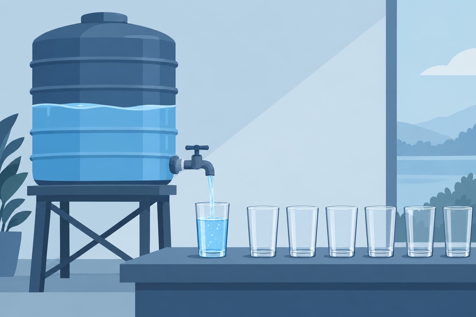 A large water tank with a small tap filling one measured glass, more empty glasses waiting in a row