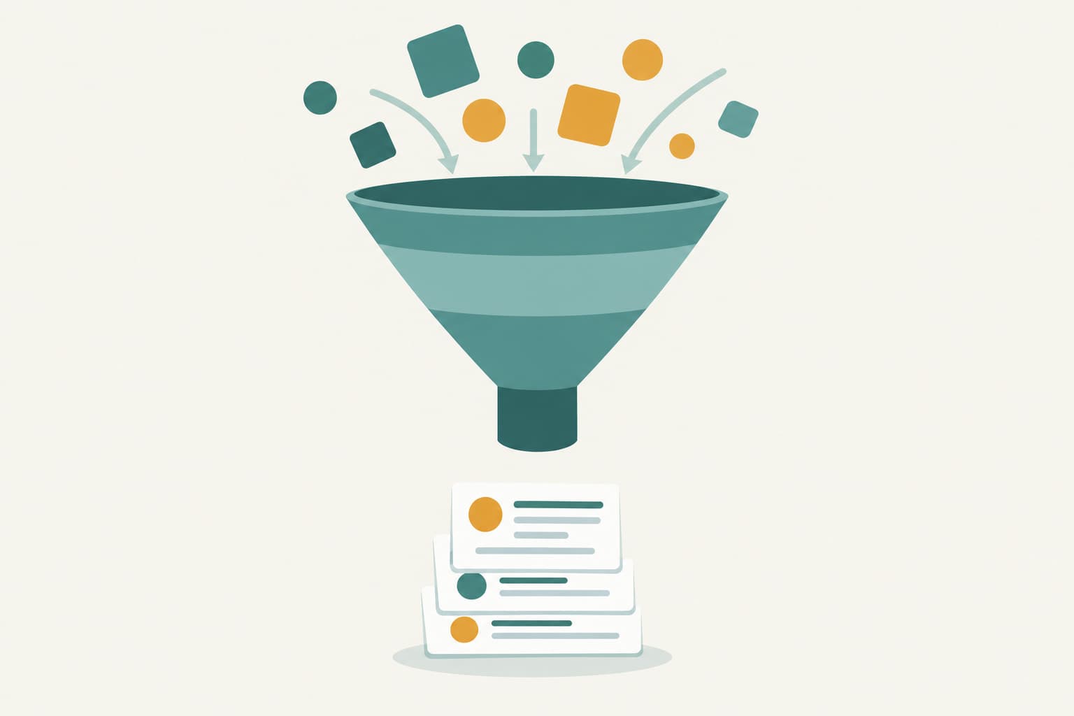 A large filter funnel above a small neat stack of document cards